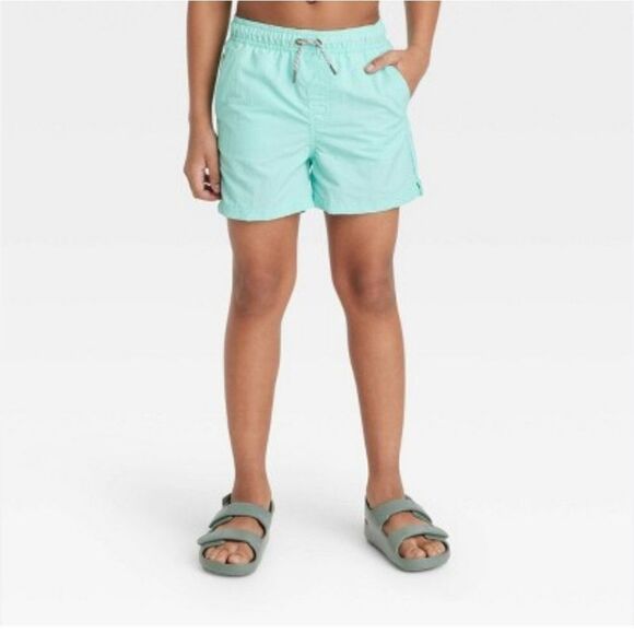 Boys solid swim trunks blue size 8 pockets drawstring waist upf 50+ bottom mint - Picture 1 of 12